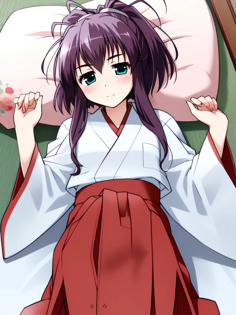 <lora:ImazekiRinko:0.8> ImazekiRinko, 1girl, solo, japanese clothes, pillow, lying, blush, white miko, skirt, hakama, long sleeves, hakama skirt, on back, kimono, looking at viewer, red hakama, miko,