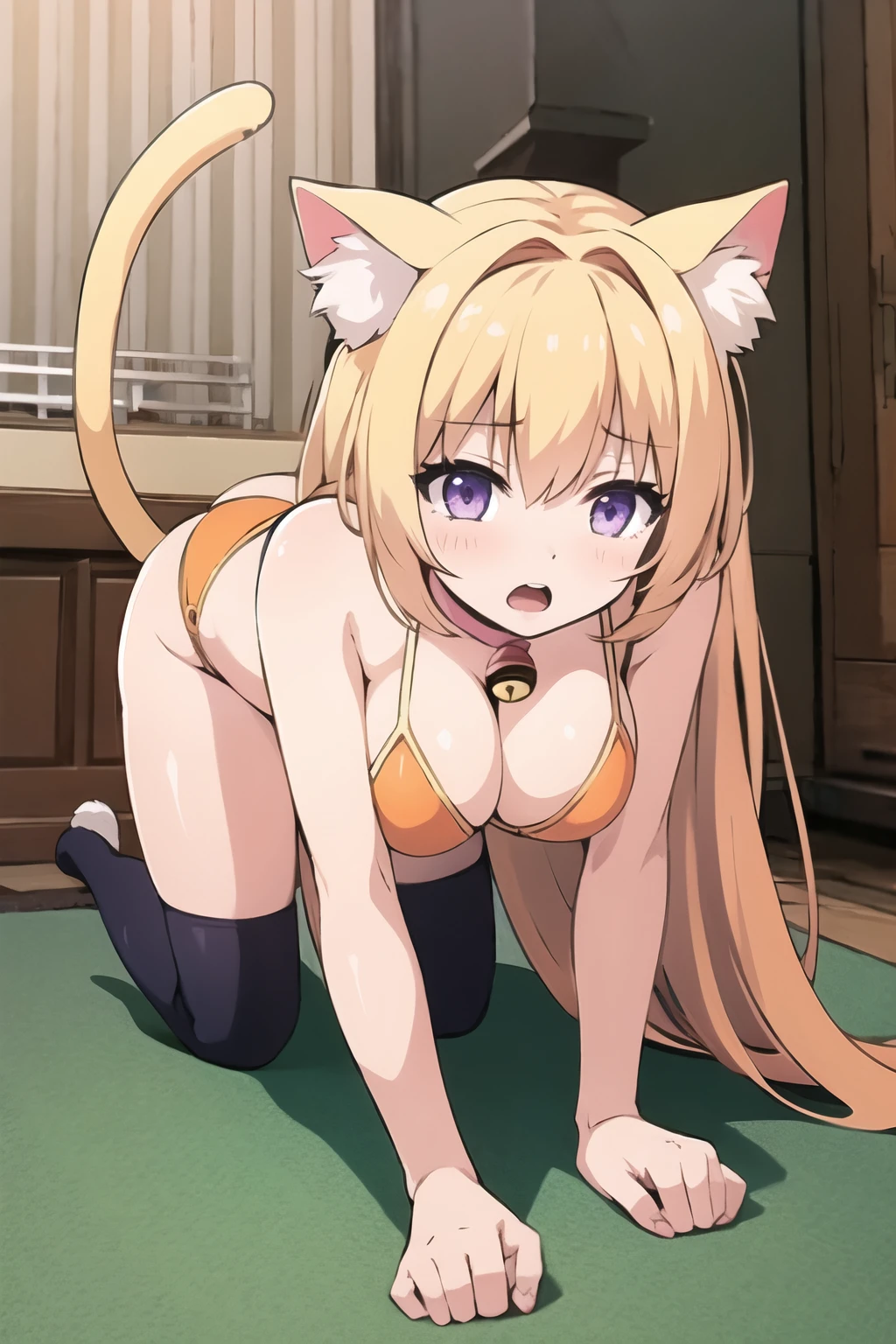best quality, masterpiece, indoors,
,
hana,1girl, large breasts,blonde hair,purple eyes, very long hair, cat ears, paw shoes, all fours, orange bikini, open mouth, paws, neck bell, bell, cat tail,
<lora:hana_v1.00:0.8>