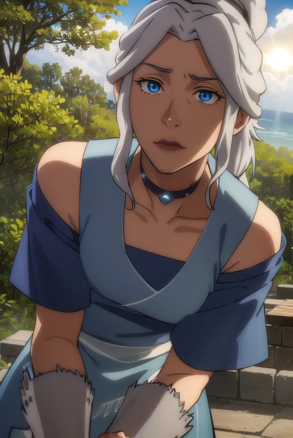 avatarkya, <lora:avatar kya-lora-nochekaiser:1>,
kya, long hair, ponytail, grey hair, hair bun, single hair bun, blue eyes, dark skin, dark-skinned female,
BREAK dress, jewelry, boots, choker, blue dress, grey footwear,
BREAK outdoors, forest, nature, grass, trees, sun, sky, clouds,
BREAK looking at viewer, (cowboy shot:1.5),
BREAK <lyco:GoodHands-beta2:1>, (masterpiece:1.2), best quality, high resolution, unity 8k wallpaper, (illustration:0.8), (beautiful detailed eyes:1.6), extremely detailed face, perfect lighting, extremely detailed CG, (perfect hands, perfect anatomy),