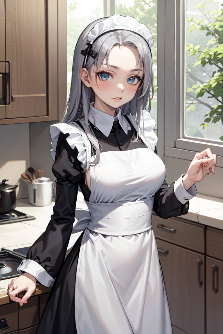 highest quality、masterpiece、((1 girl))、((smile))、(blush:1.4)、black shirt、blouse、((fun!!))、(small breasts)、(Cat ear:1.3)、(silver hair)、()、((white apron:1.5))、((maid))、((hair ornaments)),、Kamimei、look at me、 ((in house:1.5))、 Take a break to watch the audience、cowboy shot、(skirt lift:1.3),(highly detailed white panties:1.3)、(highly detailed panties:1.3)、、(スカート that rolls up:1.3)、(fully exposed panties:1.5)、light blue eyes、long hair