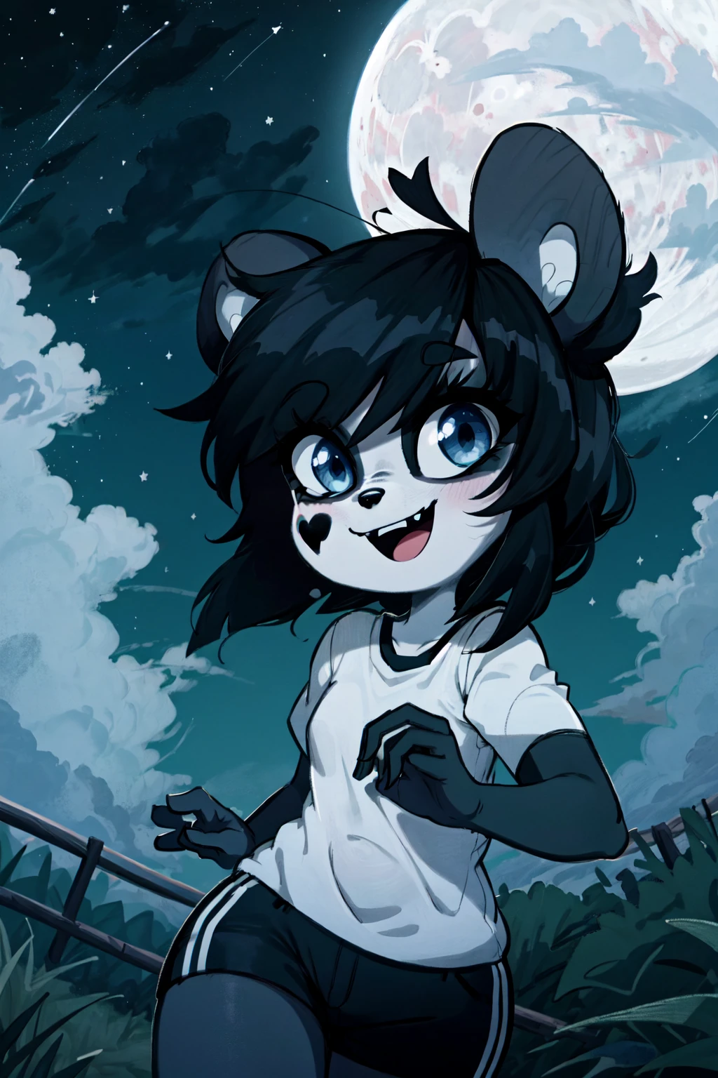 kenny \(kenashcorp\), 1girl, (panda, panda girl,), furry, panda ears, heart ahoge, animal nose, black fur, white fur, black arms, eyes makeup, blue eyes, panda tail, cheek heart, black hair, medium hair, dutch angle, looking at viewer, outdoors, night, clouds, teeth, short sleeves, moon, stars, white shirt, black shorts, :D, fangs, running, <lora:Kenny_Ashcorp:1>,