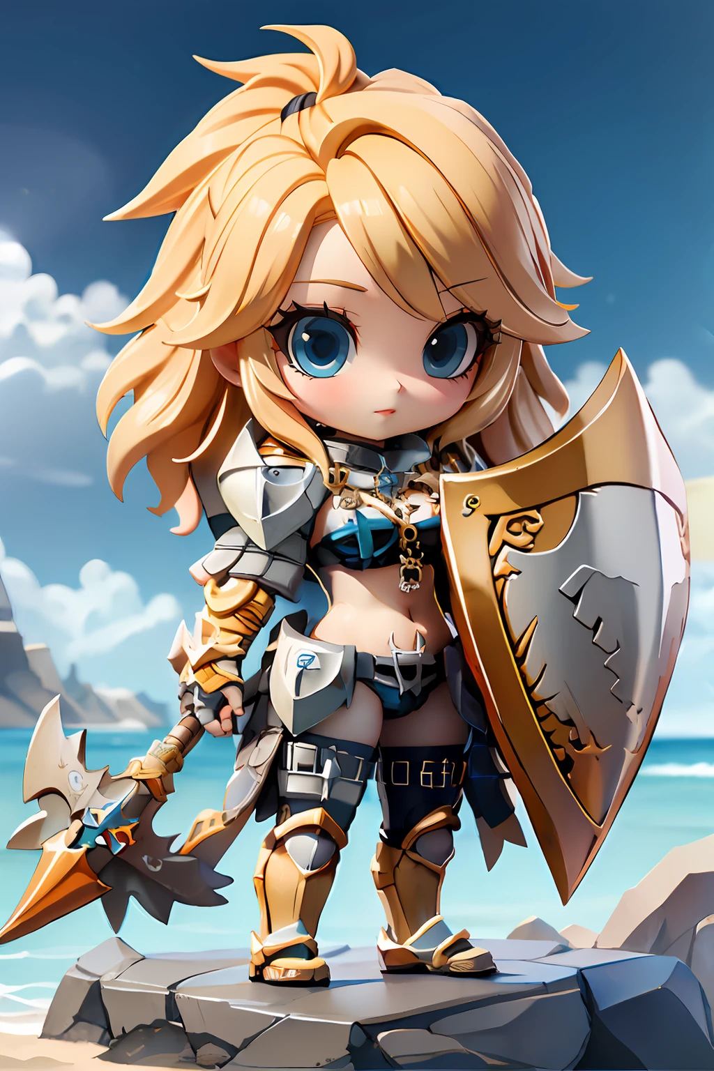 (masterpiece, best quality), chibi, 1girl, blonde hair, blue eyes, ragnarok_online_rg,  (bikini armor:1.2), sexy, <lora:ragnarok_online_rg-10:1>, cowboy shot, looking at viewer, holding shield, shield, royal capital, outdoor, cartoon rendering