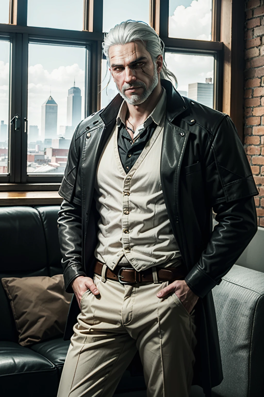 ((ultra detailed, masterpiece, best quality))
<lora:W3Geralt:0.8>
W3Geralt, 1boy, solo, white hair, In an upscale loft with industrial aesthetics, sharp business attire, large windows with city views, standing near a leather couch with a confident look