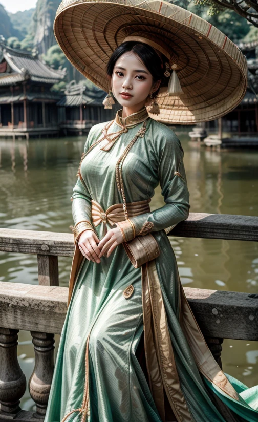 1 girl, 18th century, ao dai, Dynamic Poses with pearl Accessories, mid tone colored outfit, UHD, 4k, big hat, vintage, still life, many posing style, nature, temple, ha long bay