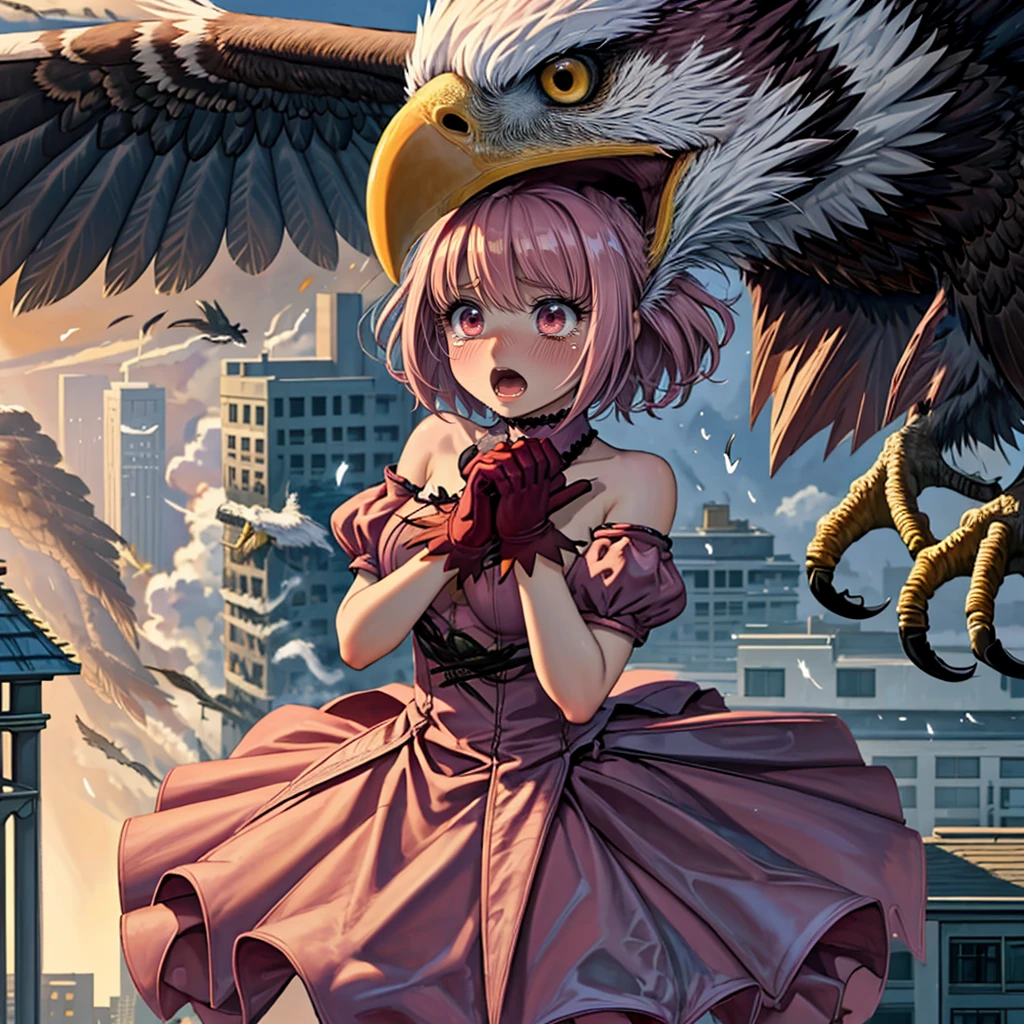<lora:LCM_LoRA_Weights_SD15:1>,masterpiece,best quality,highly detailed,1girl and dragon,scared,panicking,constricted pupils,screaming,raised eyebrows,wide-eyed,crying,tears,
<lora:momomiya_ichigo_v2:0.75>,blush,bow,cat girl,cat tail,choker,cleavage,detached sleeves,dress,gloves,large breasts,magical girl,mi1,pink choker,pink dress,puffy detached sleeves,puffy sleeves,red gloves,ribbon,tail,tail bell,tail bow,tail ornament,short hair,pink hair,
BREAK
<lora:preyMonster:0.5>,bird,giant,monster,open mouth,full body,oversized animal,wings,feathers,claws,city,skyscraper,between buildings,buildings,(((birdPrey,beak,size difference,eagle,tangue,giant eagle bite girl))),