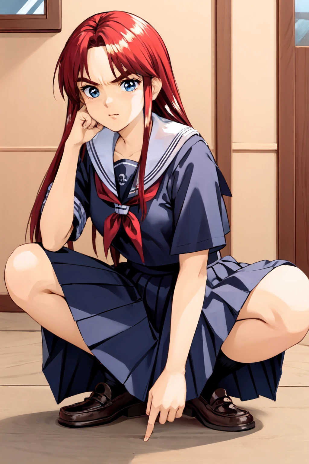 yukaii, 1girl, solo, squatting, black serafuku, loafers (long skirt), sailor collar, alley, 1990s (style), retro artstyle, short sleeves, closed mouth, angry, looking at viewer, <lora:yukaii_V2-11:0.8> <lora:jk_v3:0.5> <lora:GoodHands-vanilla:1>