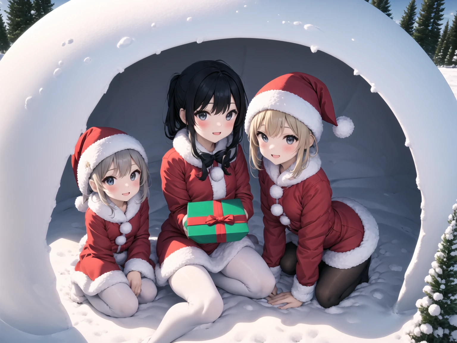 chirstmas present, in snow igloo, line up, little girls, santa costume , santa hat, white tights, seiza
<lora:kamakura-002_0.7:1>