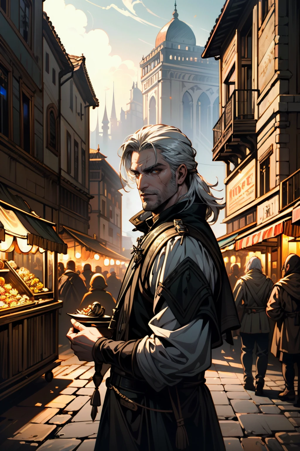 ((ultra detailed, masterpiece, best quality))
<lora:W3Geralt:0.8>
W3Geralt, 1boy, solo, white hair, Moroccan market square with bustling vendors and street performers magic the gathering artwork, D&D, fantasy, cinematic lighting, centered, symmetrical, highly detailed, digital painting