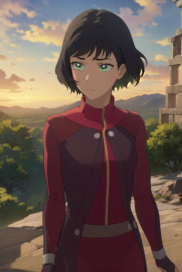 avataropal, <lora:avatar opal-lora-nochekaiser:1>,
opal, short hair, black hair, (green eyes:1.2), dark skin, dark-skinned female,
BREAK gloves, boots, fingerless gloves, uniform, turtleneck, (red uniform:1.5),
BREAK outdoors, forest, nature, grass, trees, sun, sky, clouds,
BREAK looking at viewer, (cowboy shot:1.5),
BREAK <lyco:GoodHands-beta2:1>, (masterpiece:1.2), best quality, high resolution, unity 8k wallpaper, (illustration:0.8), (beautiful detailed eyes:1.6), extremely detailed face, perfect lighting, extremely detailed CG, (perfect hands, perfect anatomy),