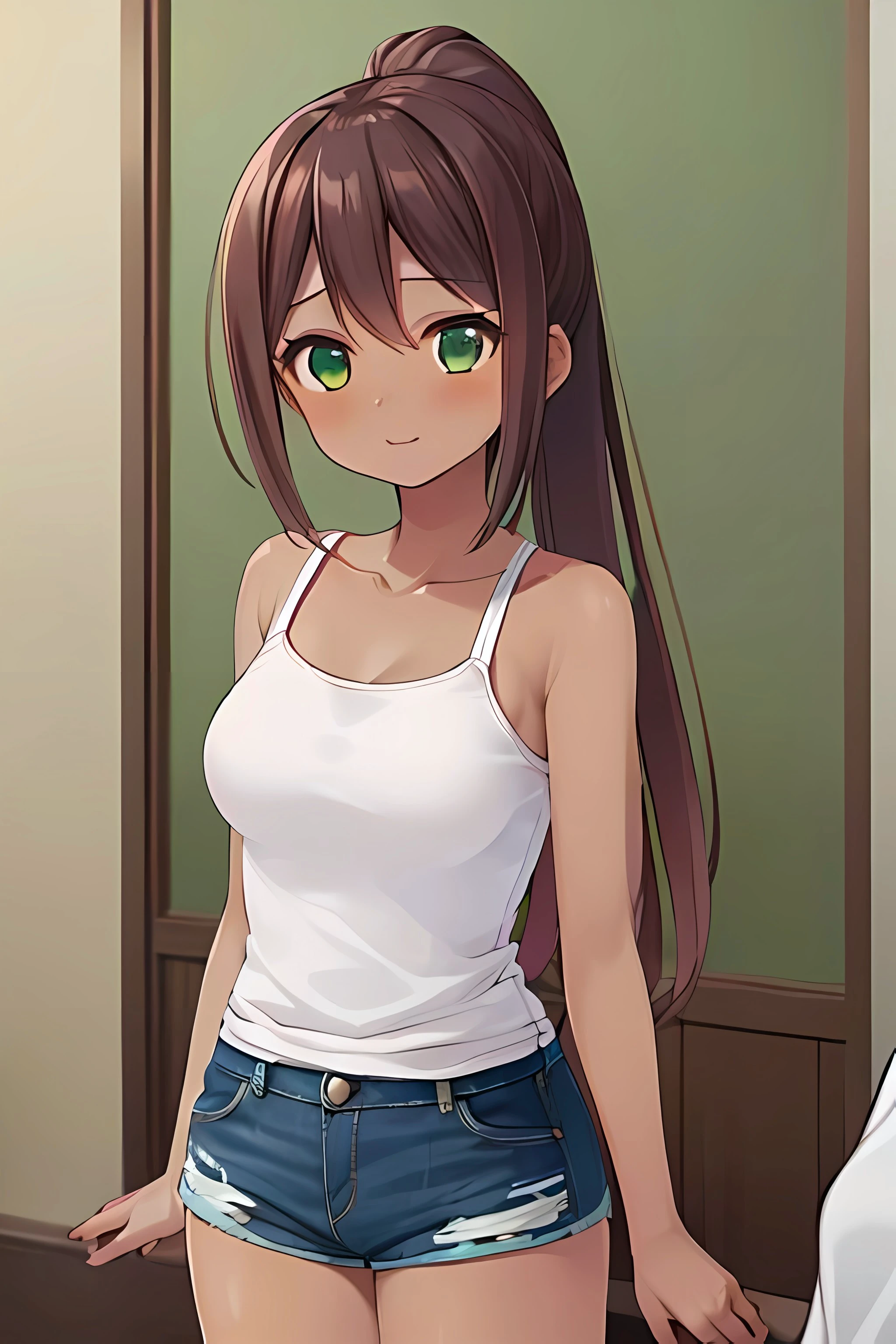 (masterpiece), (high quality:1.4, best quality:1.4), indoors, (cowboy shot:1.2) 1girl, solo focus, mature female, fukumoto ichika, dark skin, tan, brown hair, high ponytail, green eyes, white tank top, sleeveless, collarbone, bare shoulders, denim shorts, short shorts