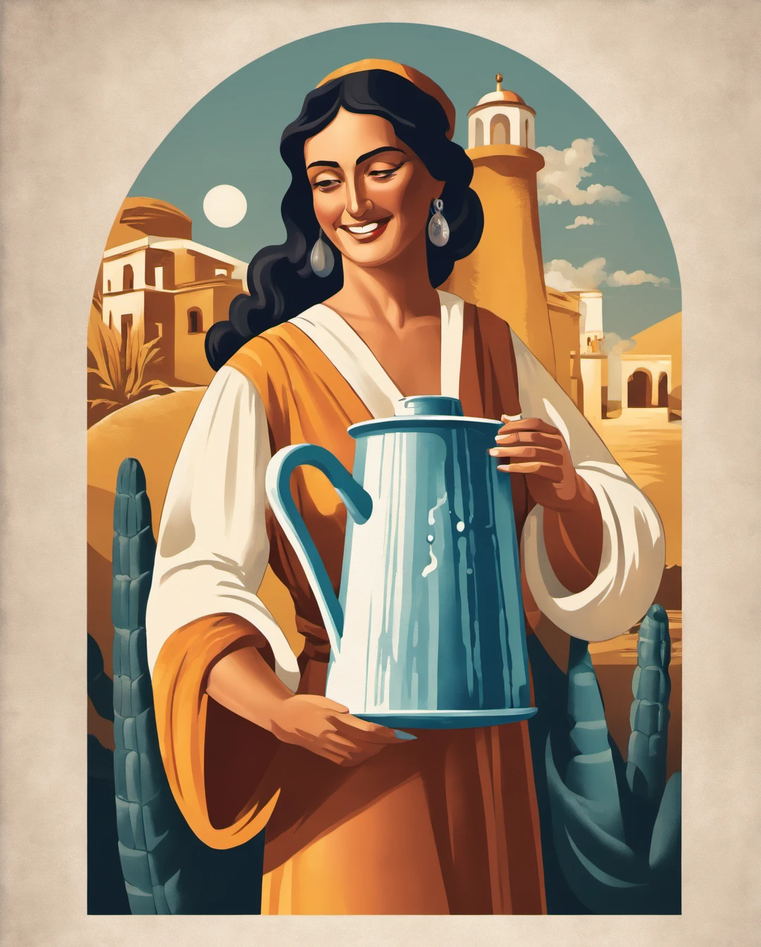 ihap hulusi görey style, illustration of a woman holding a water jug, 8k, highly detailed, masterpiece <lora:ihap_xl:0.8>