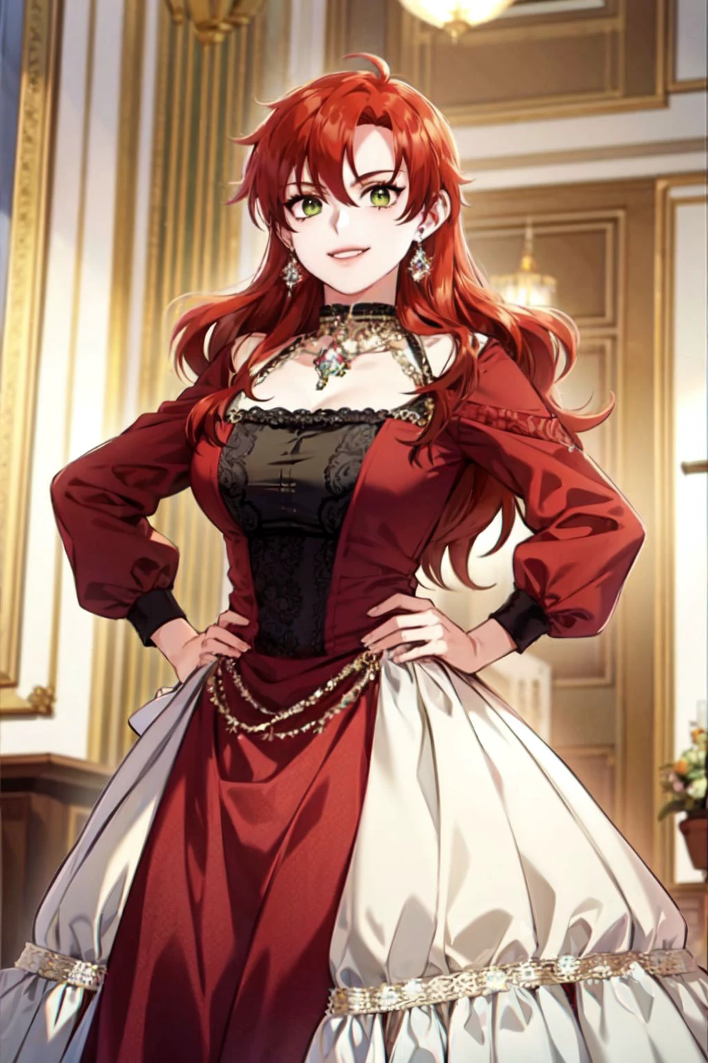 <lora:robelia:1> robelia 1girl, solo, red hair, long hair, green eyes, dress, jewelry, earrings, standing, facing viewer, hand on hip, smile,
