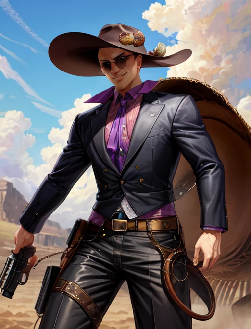 best quality, masterpiece, highres, detailed, digital artwork, <lora:Detail - add_detail:0.2>, CowboyCh, <lyco:Change - CowboyCh:0.8>, 1man, sunglasses, MasanoriV, hat, evil smile, purple energy, gun, bald, <lora:Character - MasanoriV:0.6>