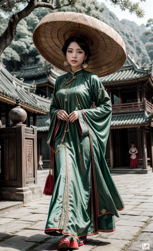 1 girl, 18th century, ao dai,Dynamic Poses with pearl Accessories, mid tone colored outfit, UHD, 4k, big hat, vintage, still life, many posing style, nature, temple, ha long bay