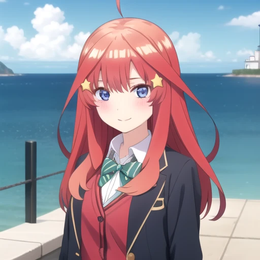((masterpiece)),(best quality),official art,extremely detailed CG,unity 8k wallpaper,ultra detailed,A lighthouse on a cliff by the sea,1girl,solo,upper body,(portrait:1.2),star_hair_ornament,star_\(symbol\),white_shirt,hair_ornament,smile,looking_at_viewer,red_hair,blue_eyes,green_skirt,long_hair,blue_jacket,pleated_skirt,blush,ahoge,bangs,school_uniform,red_sweater,open_clothes,blazer,long_sleeves,white socks,loafers,<lora:Nakano Itsuki(tqq)>,