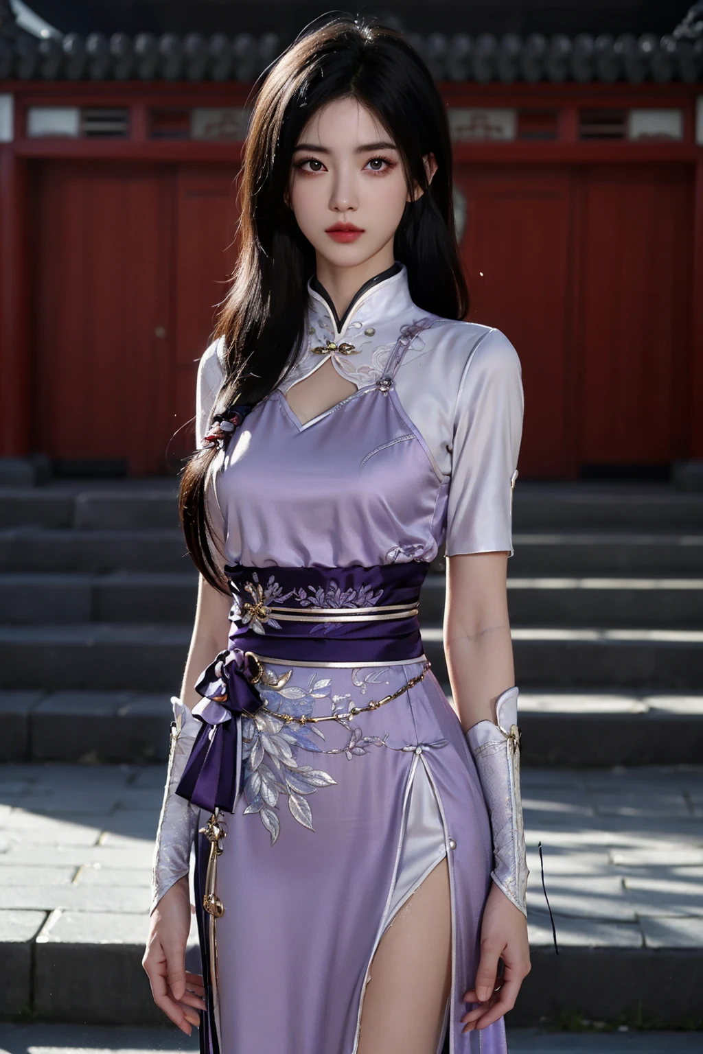 masterpiece,best quality,extremely detailed 8K wallpaper,1girl,black hair,east asian architecture,standing,upper body,looking at viewer,purple dress,
