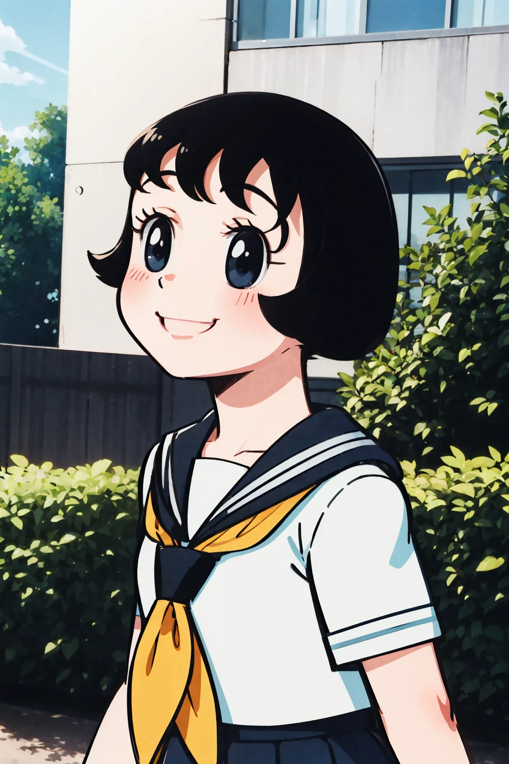 <lora:TPshiraki:1>,tpshiraki,school_uniform,looking_at_viewer,black eyes,serafuku,smile,retro artstyle,short hair,bob cut,1girl,solo,