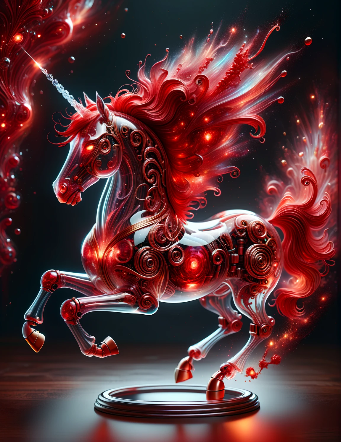 <lora:SDXLRagingNebula:0.8>ragingnebula, a transparent ornate robot unicorn, red nebula swirling inside, glass, transparent, perfect composition, hyperrealistic, super detailed, 8k, high quality, trending art, trending on artstation, sharp focus, studio photo, intricate details, highly detailed,