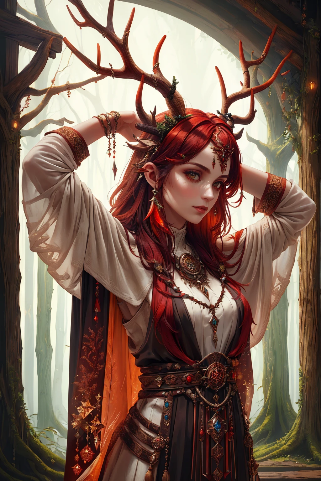 ((Masterpiece, best quality,edgQuality)),arms behind head,
edgAntlers, a woman in mage robes,dressed in wooden antlers
 <lora:edgReindeerTeamAntlers:0.8>