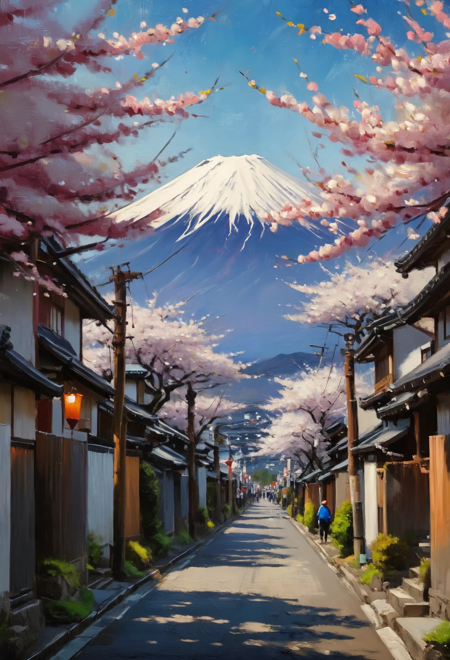 (impressionistic realism by csybgh), a street in Japan with cherry blossom trees, sakura, amazing composition, mt Fuji backdrop, masterpiece, 8k, hyper detailed, impasto painting, rough brushwork, palette knife painting, visible canvas texture