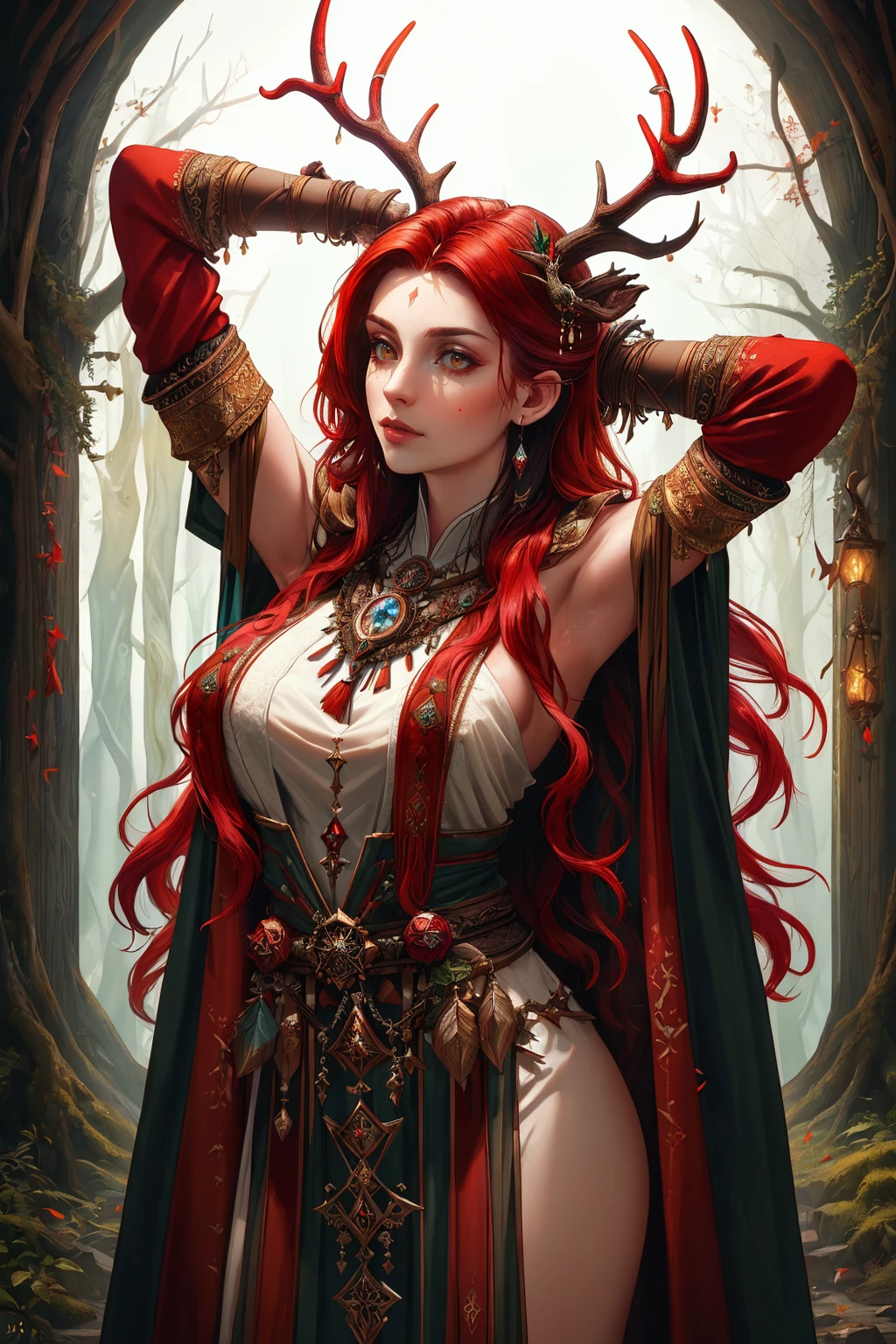 ((Masterpiece, best quality,edgQuality)),arms behind head,
edgAntlers, a woman in mage robes,dressed in wooden antlers
 <lora:edgReindeerTeamAntlers:0.8>