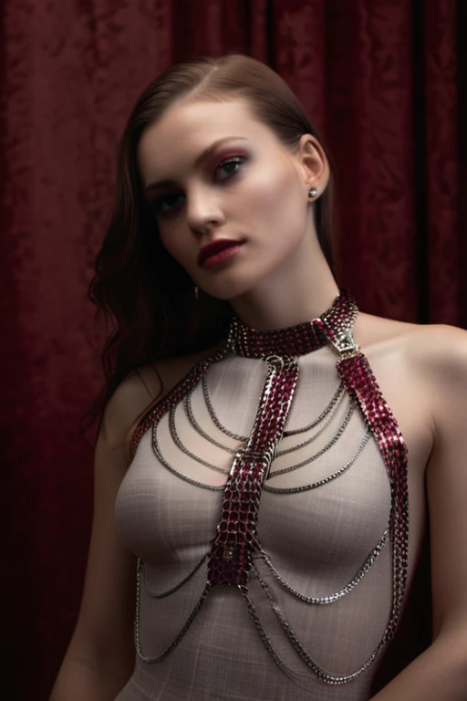 <lora:ChainHalterXL:0.6> ChainHalter, catalog shot, women , (stylish:1.3) poses, (elegant:1.2) design,, (sleek:1.2) atmosphere,  Canon EOS-1DX Mark III, high-resolution image,  silver and rubies, hyper-realistic lifelike texture, soft lighting, trending on ArtStation, Cinestill 800