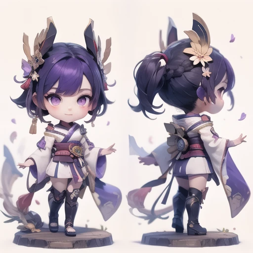 <lora:Crysdream1.5v1-000002:1>Crysdream,doll, raiden shogun, 1girl, long hair, japanese clothes, purple eyes, kimono, hair ornament, braid, sash, thighhighs, purple hair, chibi, obi, bangs, breasts, white background, armor, simple background, mole, looking at viewer, wide sleeves, front and back, shoulder armor, mole under eye, long sleeves, obiage, obijime, multiple views, very long hair, blunt bangs, standing, petals, closed mouth, purple kimono, gloves, bridal gauntlets, black gloves, faux figurine, single braid, full body, vision \(genshin impact\), blush, tassel, from behind, braided ponytail, ribbon, base, tomoe \(symbol\), mitsudomoe \(shape\), makeup <lora:raiden_shogun-doll1.5v1-000002:0.5>
