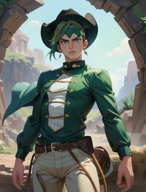 best quality, masterpiece, highres, detailed, digital artwork, <lora:Detail - add_detail:0.2>, CowboyCh, <lyco:Change - CowboyCh:0.8>, 1man, RohanK, green hair, headband, green eyes, earrings, jojo pose,  <lora:Character - RohanK:0.7>, cowboy hat,