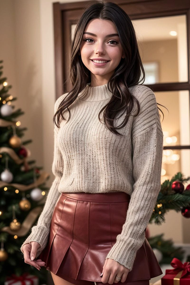 photo of S262_RyderMcCrann,a stunning woman,in a (Christmas-house:1.1),wearing a (sweater:1.1) and a (skirt),(smiling),(4k, RAW photo, best quality, depth of field, ultra high res:1.1),(absurdres, intricate, photorealistic, masterpiece, ultra-detailed:1.2),