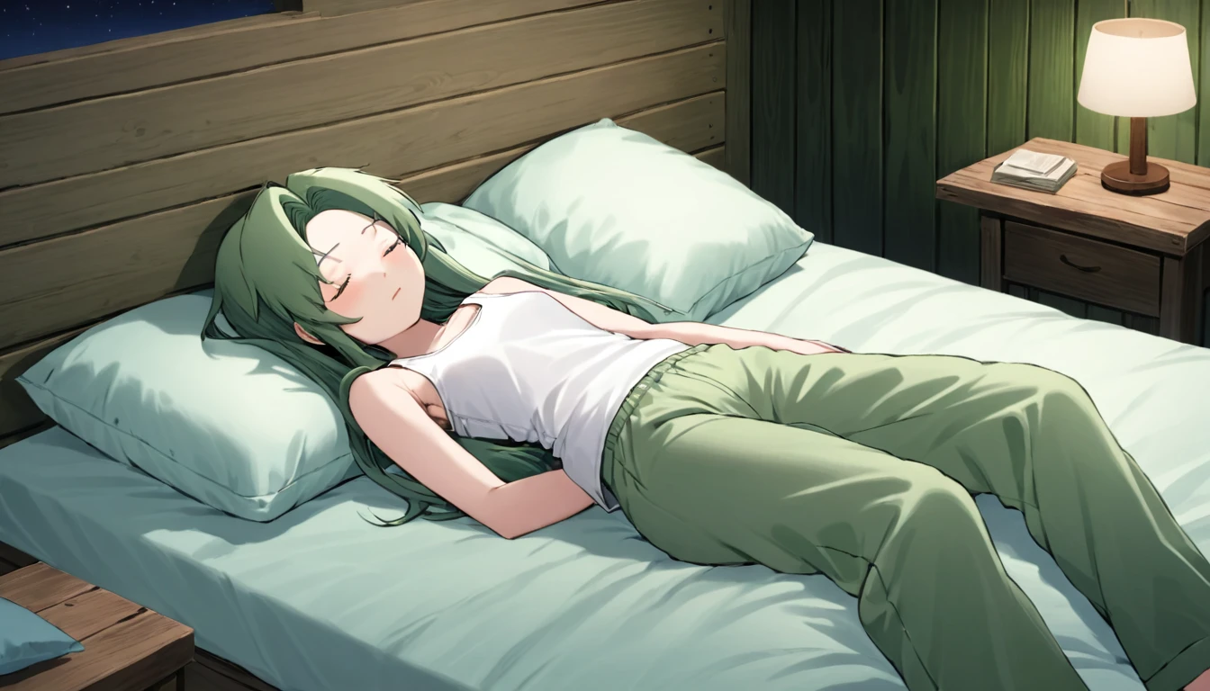 Fiaa with (green:0.2) hair, closed eyes, wearing a (white:0.2) tank top and (green:0.2) pajama pants <lora:fiaa-000045:1.1>, sleeping, on a bed, a (light blue:0.2) pillow, wooden walls, dim, nighttime