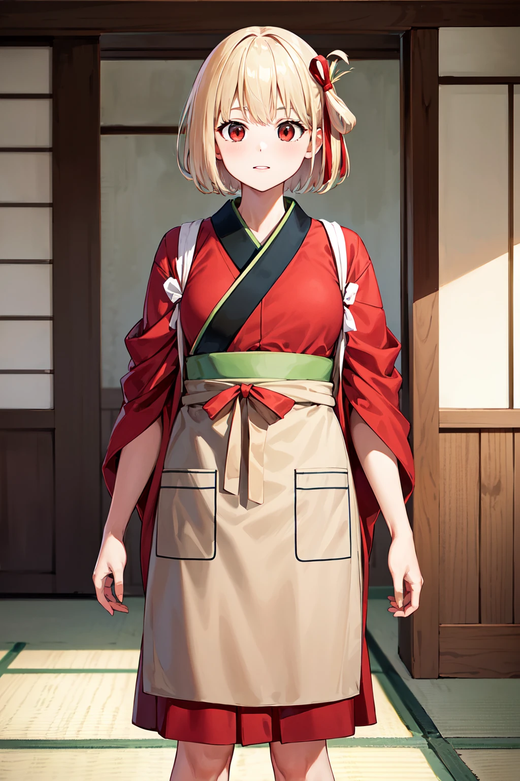 masterpiece, best quality, highres, aachisato, short hair, hair ribbon, japanese clothes, (red kimono:1.2), sash, (brown apron:1.2), <lora:nishikigi_chisato_v1:0.7>, indoors, standing, cowboy shot,