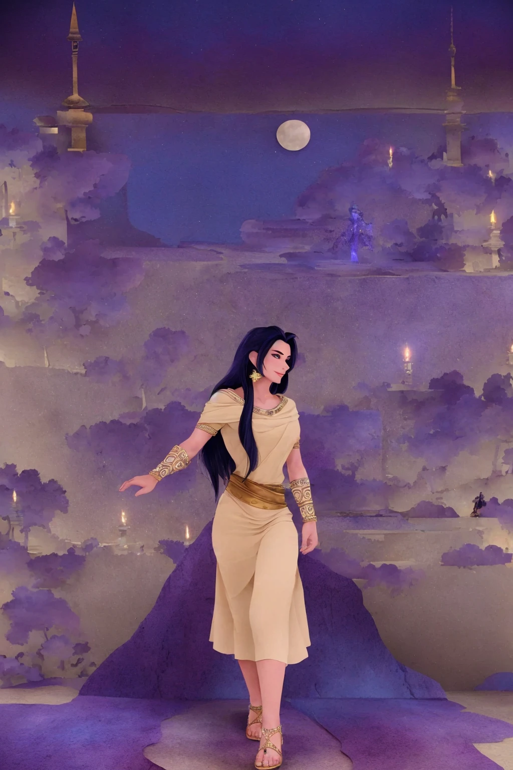 masterpiece, ultra-detailed, best quality, illustration, 8k cg wallpaper, an extremely delicate and beautiful, 1girl, Princess Jasmine /(Aladdin/), solo, perfect anatomy, smiling, blushing, dark skin, perfect arms, perfect hands, perfect fingers, perfect legs, cute, pretty, beautiful, sexy, perfect body, (background: Arabian city, Arabian buildings, night sky, moon, stars, intricately detailed items in background), <lora:Tengami:1>