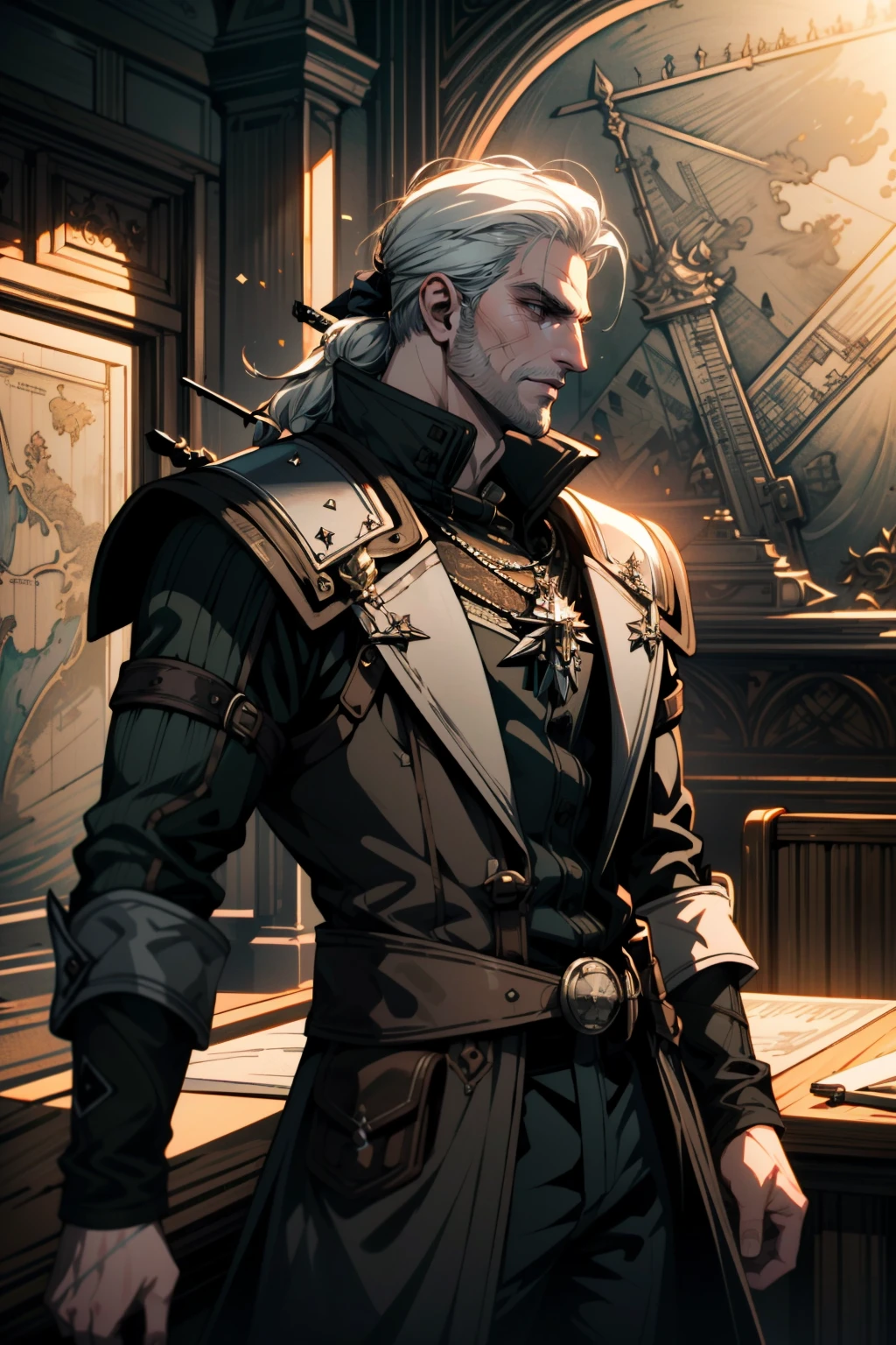 ((ultra detailed, masterpiece, best quality))
 <lora:W3Geralt:0.8>
W3Geralt, 1boy, solo, white hair, Steampunk airship navigation room with maps and navigation instruments on the walls,4k, uhd, unreal engine, octane render in the artstyle of Final Fantasy XIV