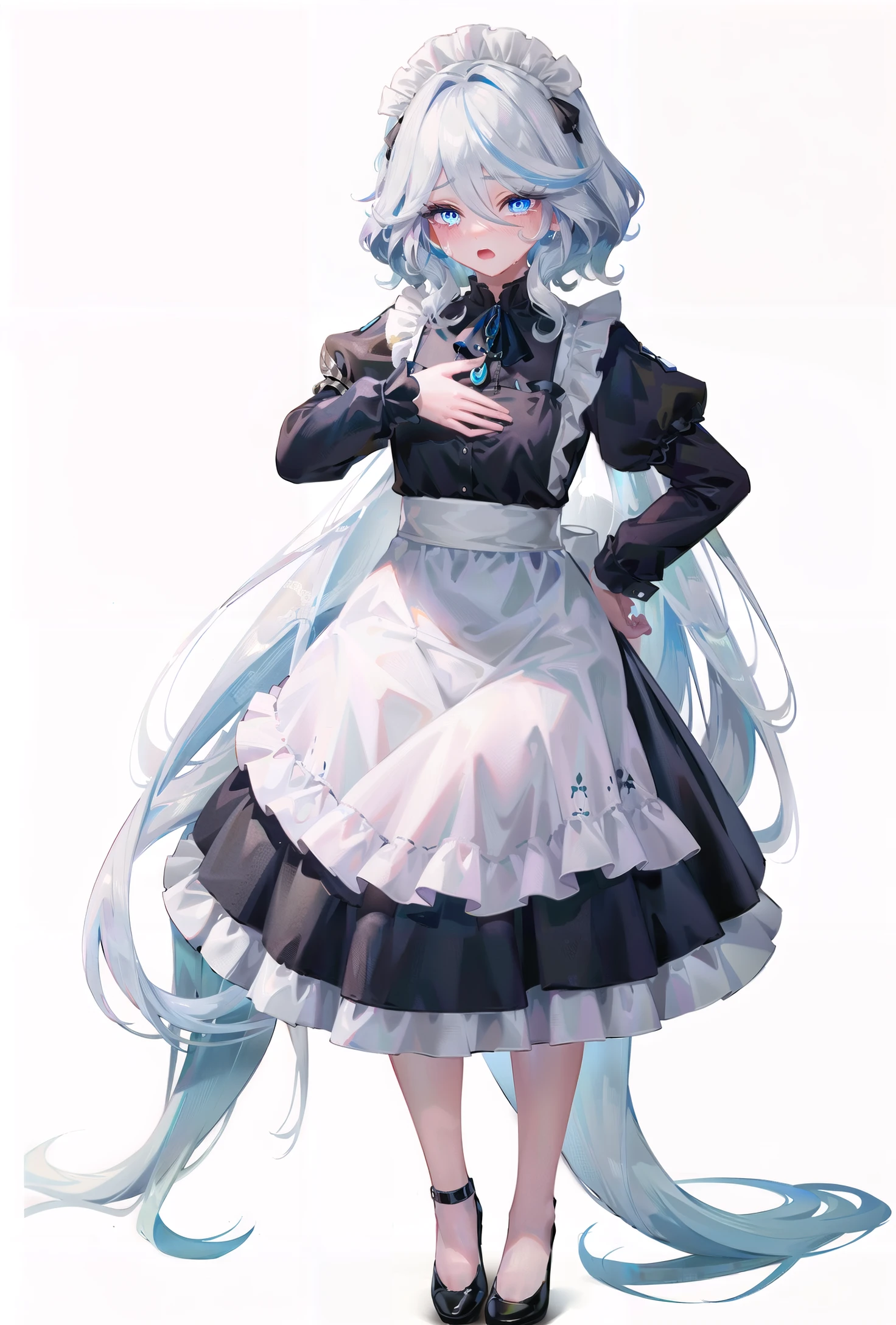 8k, best quality, masterpiece, (ultra-detailed:1.1), (high detailed skin), 
(full body:1.2), white background, standing, looking at viewer, solo, hand on hip, 
<lora:funingna-con-v100:0.8:lbw=OUTALL>, (flnother:1.2), maid headdress, maid, long hair, solo, blue eyes, blue hair, apron, open mouth, long sleeves, dress, looking at viewer, tears, blush, puffy sleeves, very long hair, black dress, crying, hair between eyes, sitting, frills, maid apron, bangs, multicolored hair, 
(white background, simple background,:1.2), 
<lora:GoodHands-vanilla:0.55>, ( good hands, nice hands:0.5), 
(beautiful_face), ((intricate_detail)), clear face, 
((finely_detailed)), fine_fabric_emphasis, 
((glossy)), full_shot