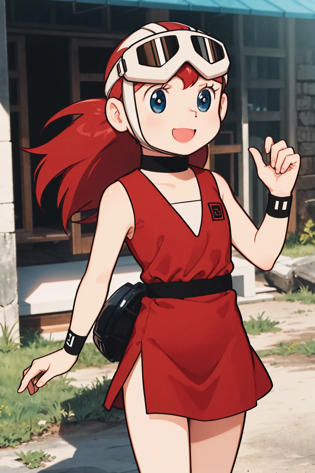 <lora:TPream:1>,tpream,red hair,pony-tail,red dress,1girl,solo,goggles,wristband,choker,helmet,looking_at_viewer,ruins,:d,