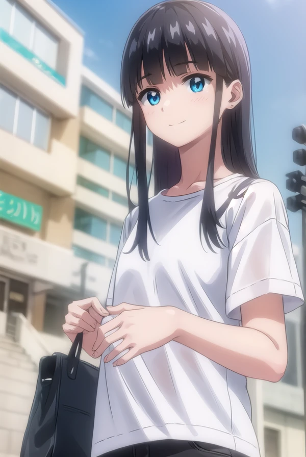 bokunococo, <lora:boku no coco ova-lora-nochekaiser:1>,
coco, long hair, blue eyes, black hair, bangs, blunt bangs, sidelocks, smile,
BREAK shirt, (white shirt:1.5), pants,
BREAK outdoors,
BREAK looking at viewer, (cowboy shot:1.5),
BREAK <lyco:GoodHands-beta2:1>, (masterpiece:1.2), best quality, high resolution, unity 8k wallpaper, (illustration:0.8), (beautiful detailed eyes:1.6), extremely detailed face, perfect lighting, extremely detailed CG, (perfect hands, perfect anatomy),