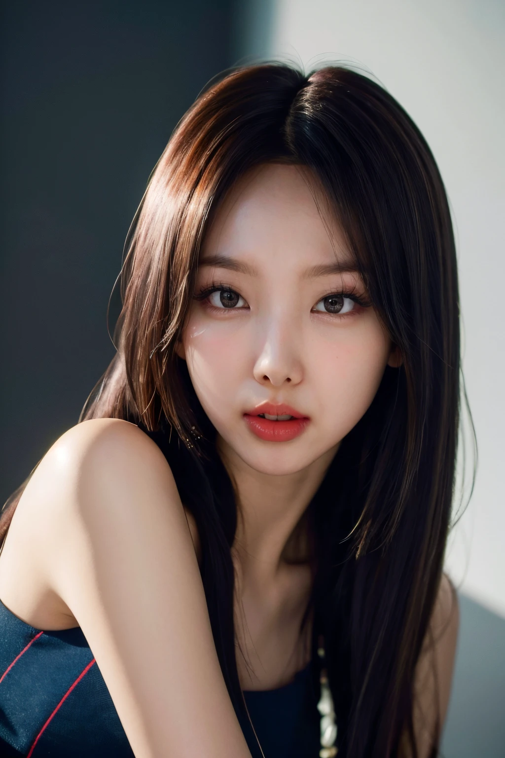<lora:Twice Nayeon:1>, Nayeon, 1girl, solo, realistic, looking at viewer, photograph, photorealistic, beautiful and aesthetic, extremely detailed skin, extremely detailed hair, shadows, masterpiece, top quality, best quality, highres, ultra-high res, ultra-detailed, detailed lighting, high key lighting, vignetting,