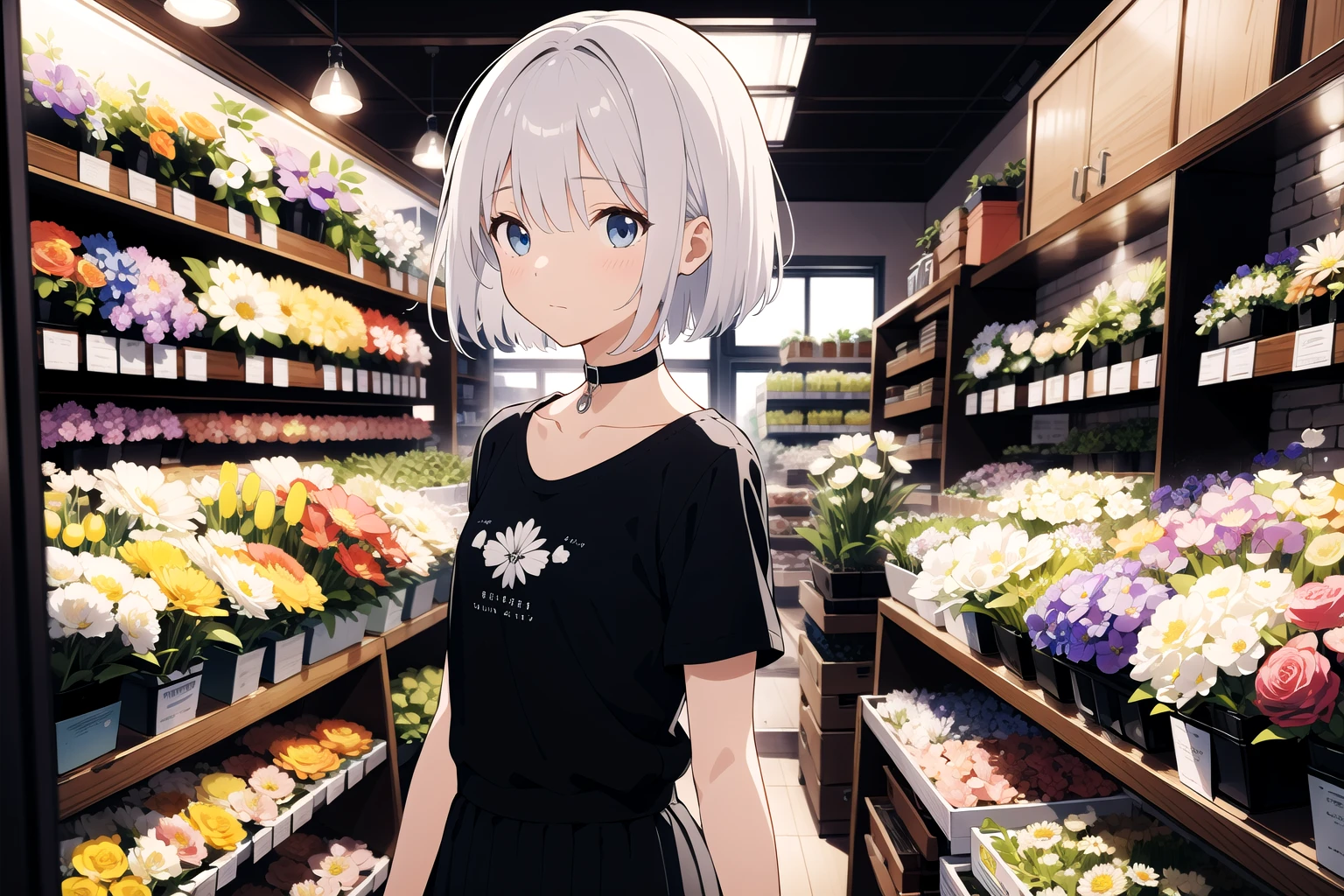 illustration, flower shop, 1girl, solo, looking away, white hair, bob cut, slanted blue eyes, black choker, small breasts, T-shirt, long skirt,