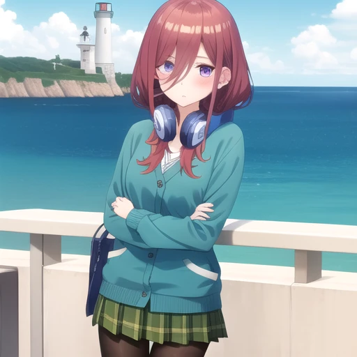 ((masterpiece)),(best quality),official art,extremely detailed CG,unity 8k wallpaper,ultra detailed,A lighthouse on a cliff by the sea,1girl,solo,cowboy shot,headphones_around_neck,green_skirt,blue_sweater,school_uniform,white_shirt,looking_at_viewer,brown_hair,hair_between_eyes,blue_cardigan,open_cardigan,pleated_skirt,long_hair,blush,bangs,long_sleeves,black_pantyhose,purple_eyes,<lora:Nakano Miku(tqq)>,