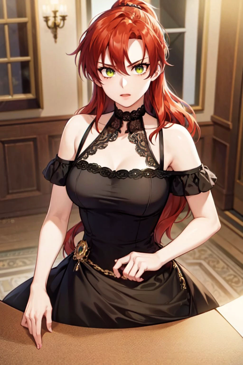 A Masterpiece in Best Quality, a Chubby Woman with a long, radiant Red Hair tied in a Ponytail, adorns a Detailed Ball Gown Dress of the XVII Century, boasting a Long Skirt that cascades gracefully. Her Embarrassed Face, featured with Detailed Eyes and Lips, exudes a charm that's hard to ignore. This image is a true Masterpiece, worthy of awe and admiration. The intricate details, the rich colors, and the high resolution make it a standout piece, perfect for any art collection.