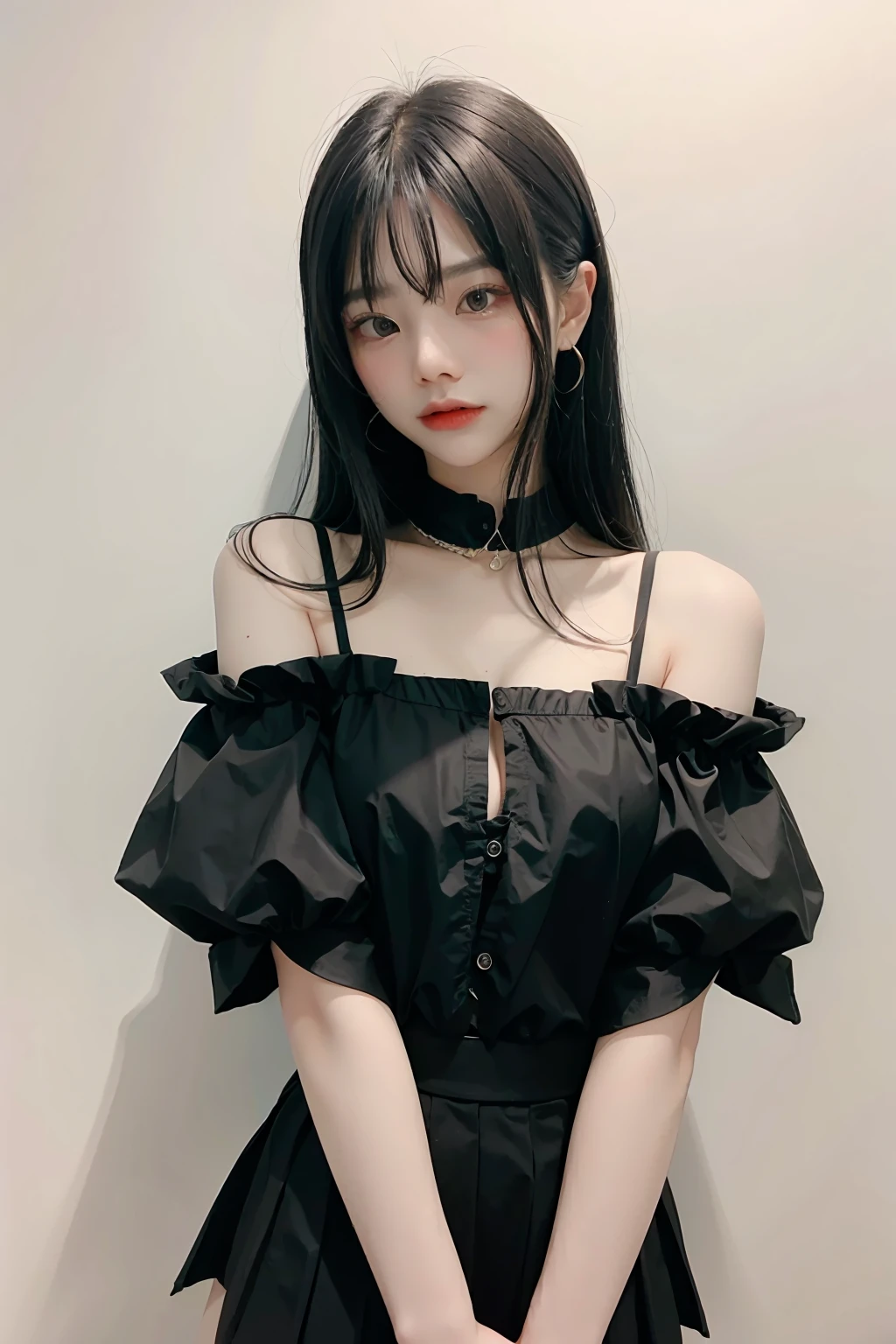 1girl,hair with bangs,black blouse and black skirt, ,white background, <lora:Mimi-02:1>