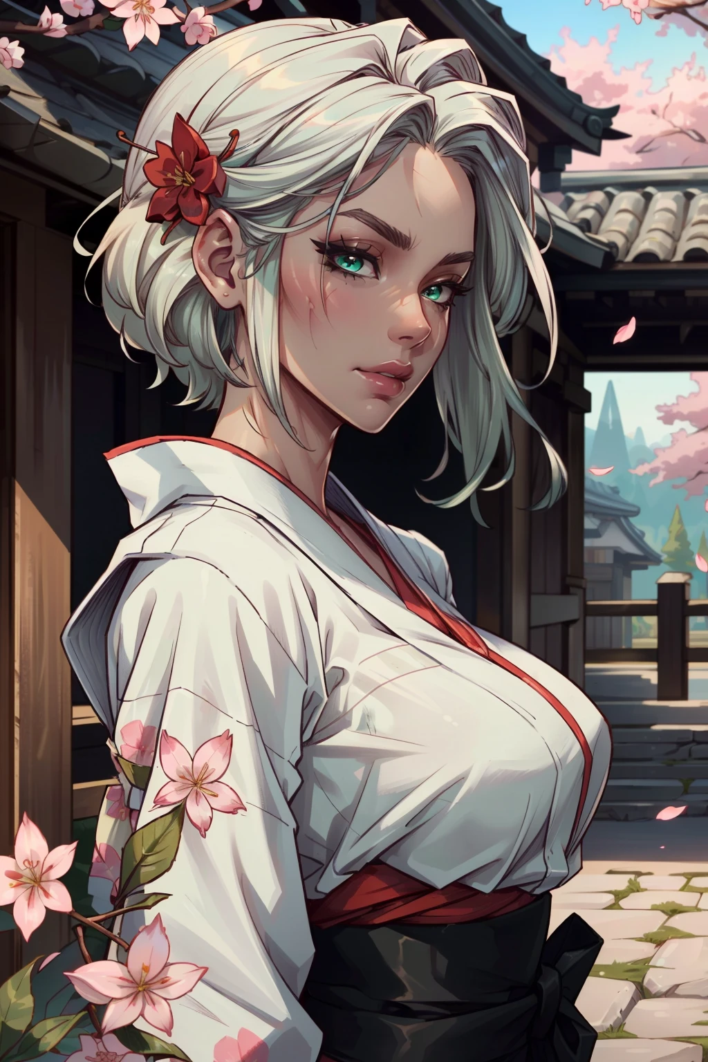 ((ultra detailed, masterpiece, best quality))
 <lora:W3Ciri:0.8>
W3Ciri, 1girl, solo, white hair, green eyes, scar on face, yukata, japan, cherry blossoms, hair ornament