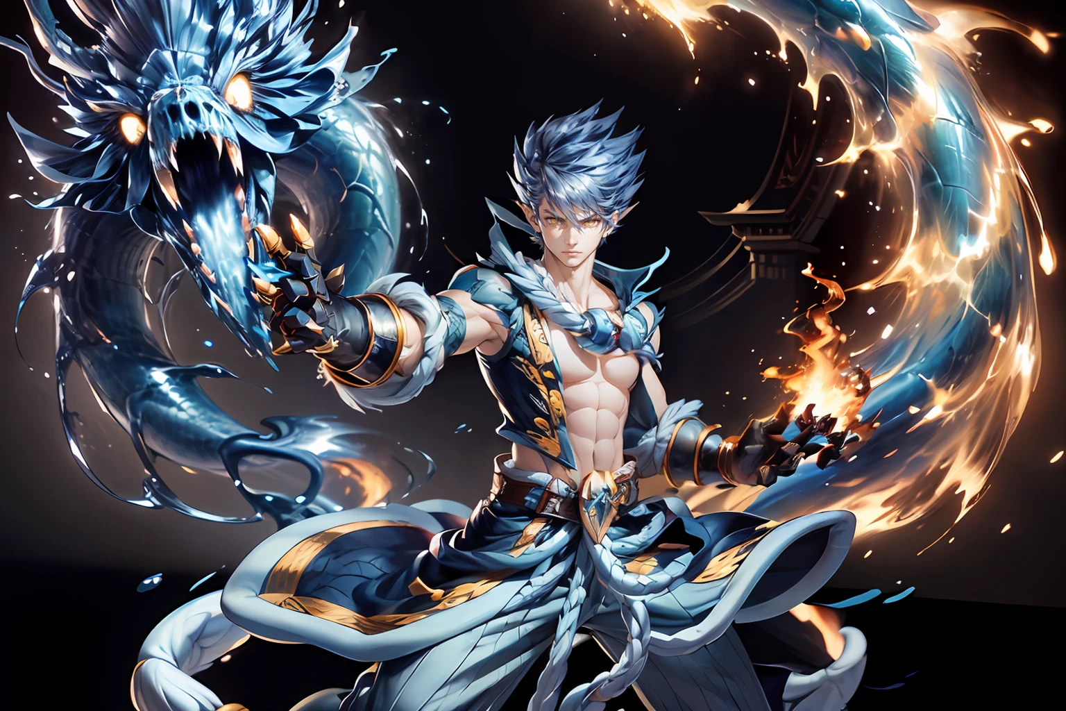 (masterpiece, best quality, official art), 1boy, blue hair, (yellow eyes:1.2), energetic, ragnarok_df, wearing gloves, hands burning, (clenched hands:1.2), <lora:ragnarok_online_df-07:1>, blue dragon behind her, blue flaming dragon, cowboy shot, looking at viewer, (east asian architecture:1.1), intricate details, dynamic colors, <lora:add_detail:0.7>