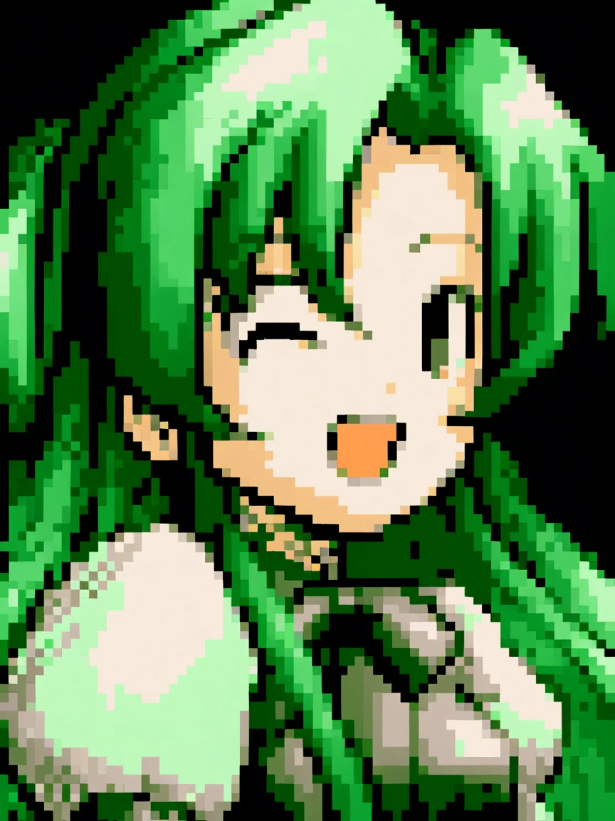 <lora:fiaa-000045-antes:0.9> Pixel art, video game sprite, portrait of Fiaa, happy, winking, a black background