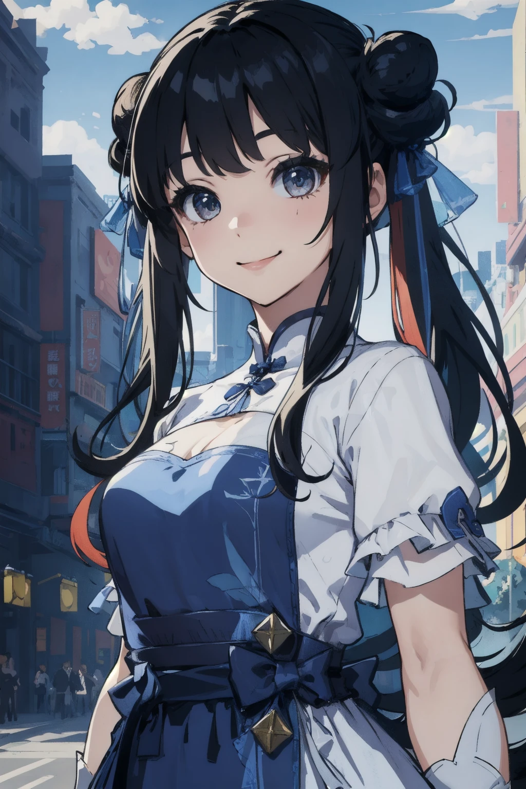 masterpiece,best quality,extremely detailed 8K wallpaper,1girl,zhaolinger,blue and white dress,hair bun,bangs,twintails,black hair,standing,looking at viewer,upper body,smile,
