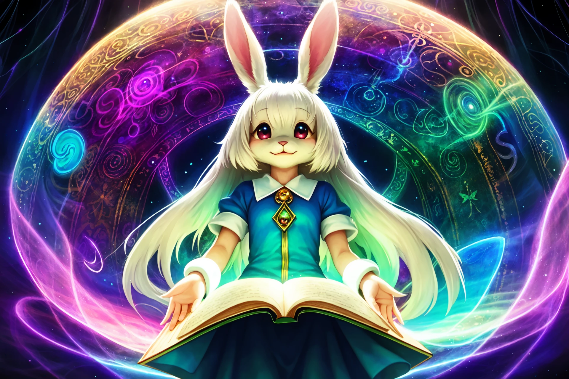 haru, furry female anthro, rabbit girl, white fur, petite, (body fur:1.2), detailed fluffy fur, smile, black eyes, (chibi:0.9), many rings, cute, adorable, (shirt),
best quality, masterpiece, illustration, ultra-detailed, beautiful detailed eyes, (1girl:1.3),
magician, enchanting spell, high-angle view, magical forest, otherworldly beauty, casting pose, invocation effects, soft and ethereal light, fantastical atmosphere, mystical creatures, empowering allies, enhancing abilities, elemental magic, swirling energy, pulsating aura, determination, support, vibrant colors, glowing runes, levitating, swirling leaves, teamwork, magical bonds, protective shield, guiding light, shimmering particles, enchanted surroundings, harmony with nature, hope, wisdom, ancient secrets, celestial beings, arcane knowledge, mystic symbols, spellcasting, elemental forces,
([Very Dark], extreme contrast),
vibrant colors, contrast,
soft lighting, soft shadows, detailed textures, dynamic lighting,
<lyco:haru-v1-locon:0.6>