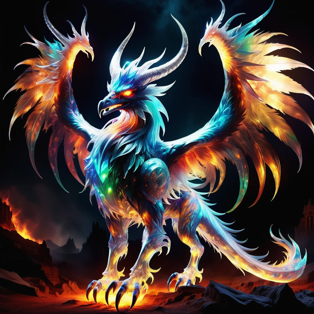 hyper detailed masterpiece, dynamic, awesome quality,DonMSp3ctr4lXL,transluscent phoenix, malevolent male demon, humanoid appearance, attractive seductive demeanor, horns, clawed hands, hoofs, dark demonic hues, enticing, nighttime seduction, sexual nightmares,, natural,technical challenges,responsibility,diverse,abstruse,ancient landscapes <lora:DonMSp3ctr4lXL:1>