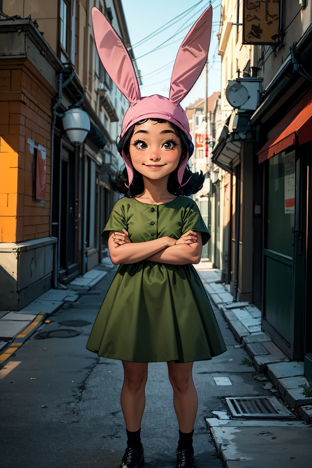 louise, 1girl, solo, rabbit ears, animal ears, black hair, smile,green dress, hat,looking at viewer, black footwear,crossed arms, <lora:louise-000008:0.5>