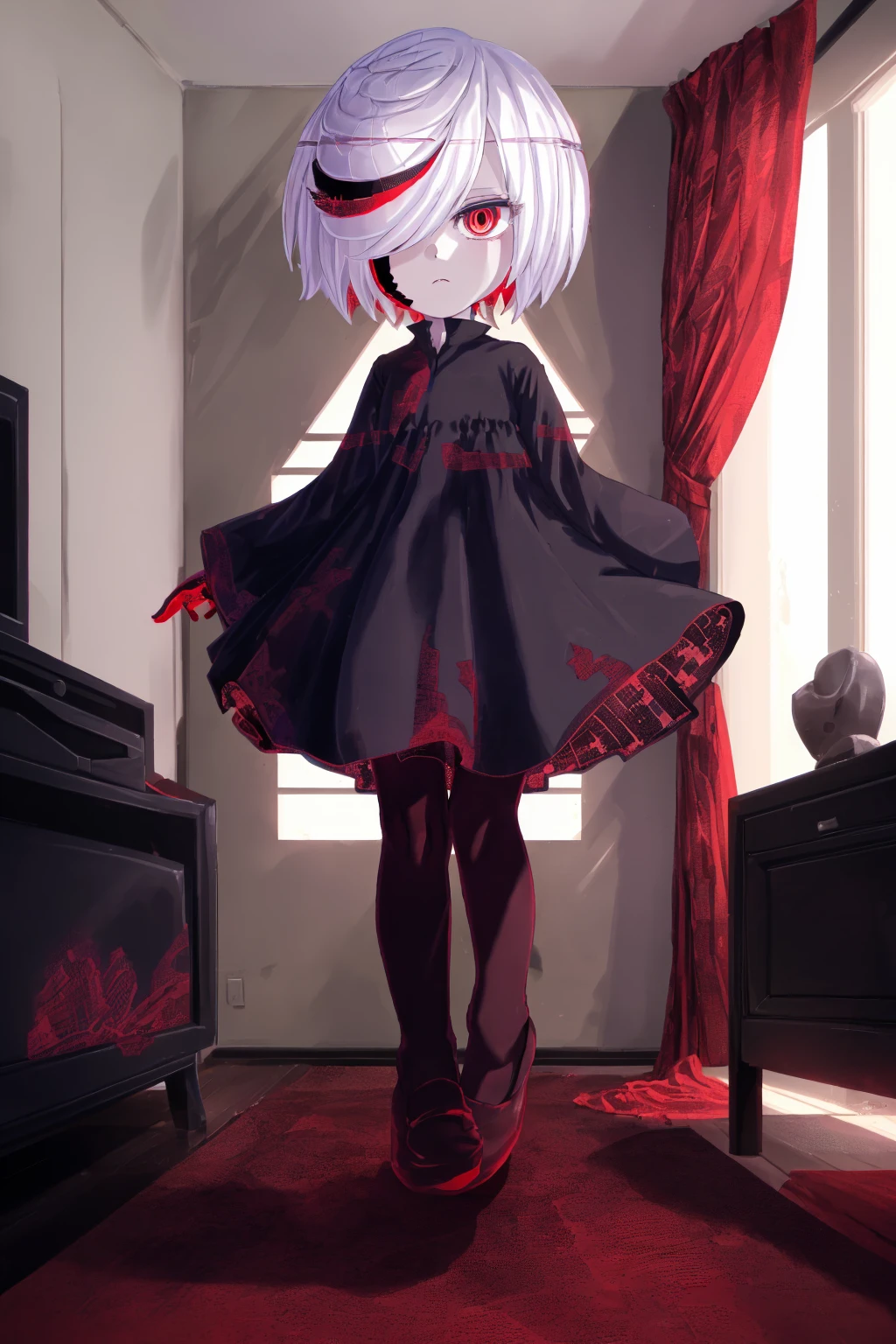 sthsage, child, short hair, white hair, multicolored hair, hair over one eye, red eyes, black dress, black pantyhose, lying, embarrassed, blush, forest <lora:sage-v6:1>
