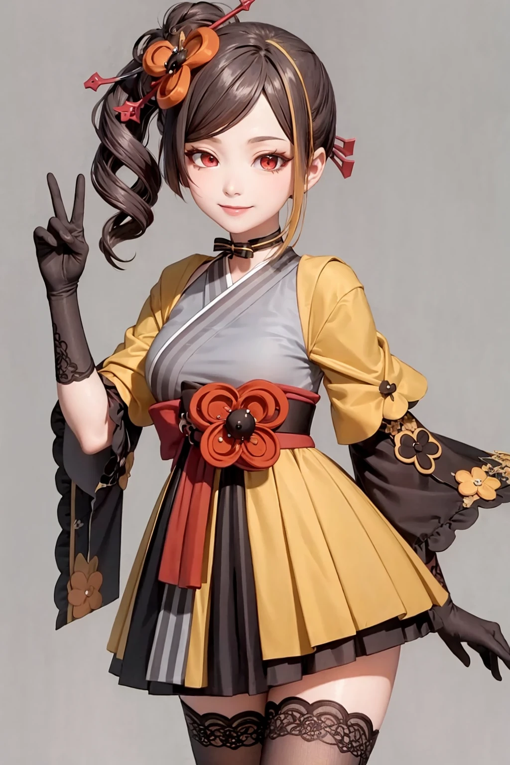 masterpiece, best quality, <lora:chiori:1>,chiori, 1girl, brown hair, drill hair, hair ornament,hair flower, flower,  red eyes, elbow gloves,short sleeves,wide sleeves,  japanese clothes, kimono, pleated skirt, dress,black thighhighs,
cowboy shot, grey background, smile